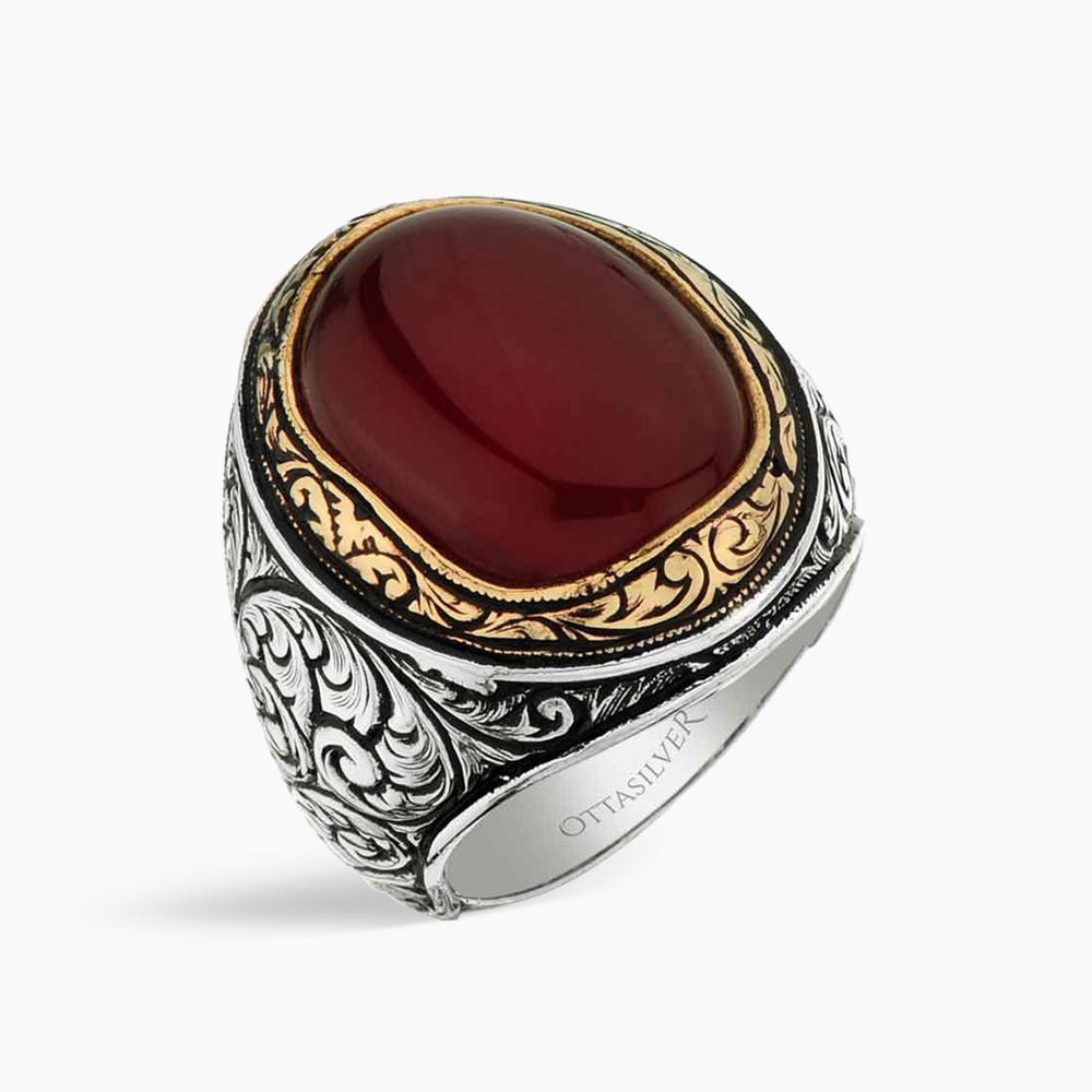 Red Agate Silver Men's Ring