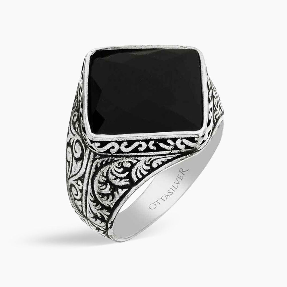 Square Silver Men's Ring with Black Onyx Stone