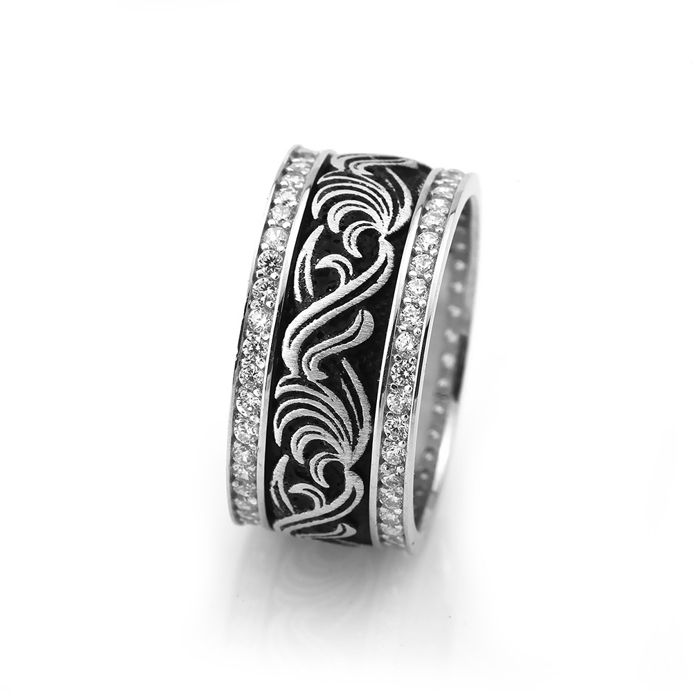 Engraved Wedding Ring With Zircon Stone