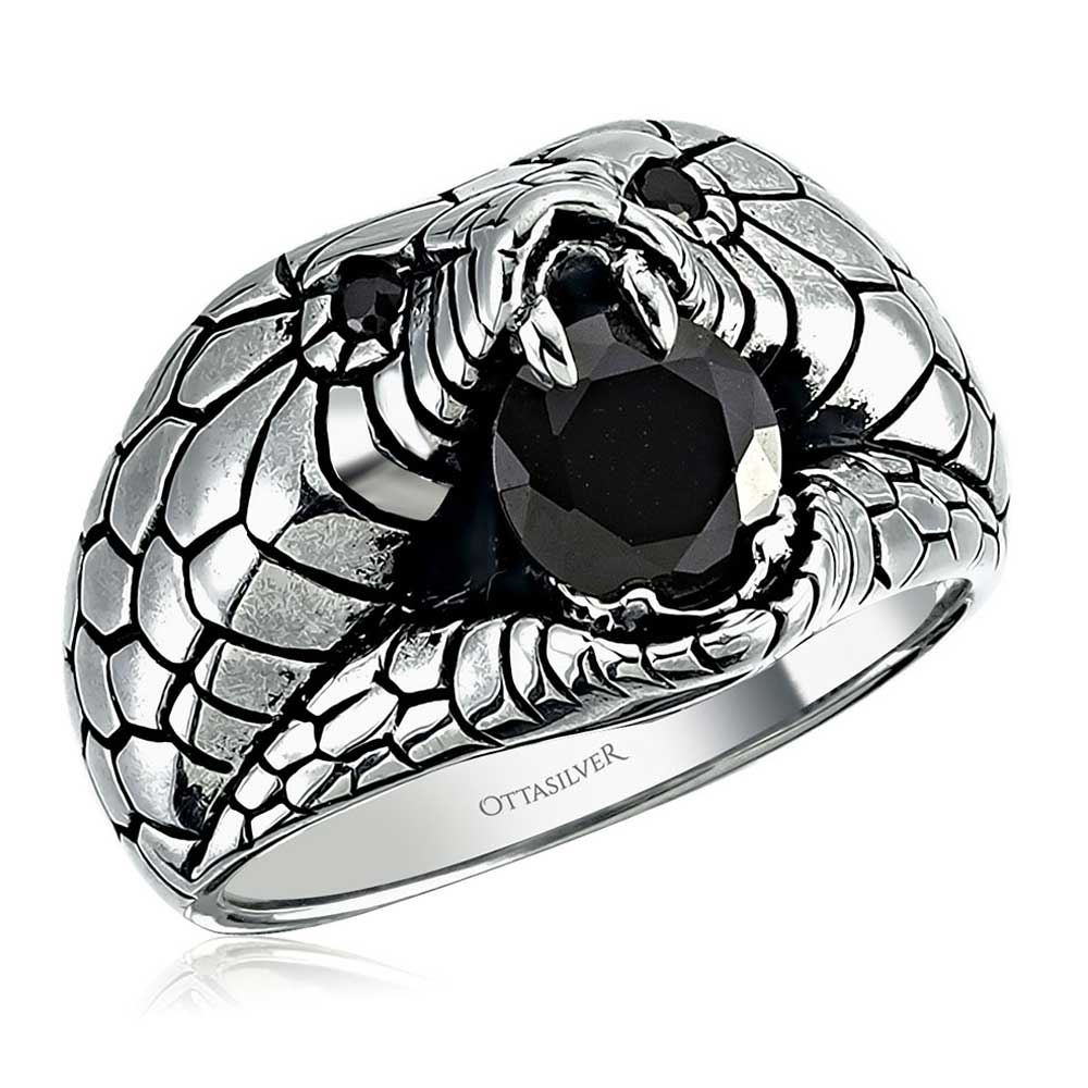 Silver Snake Ring Black Zircon
