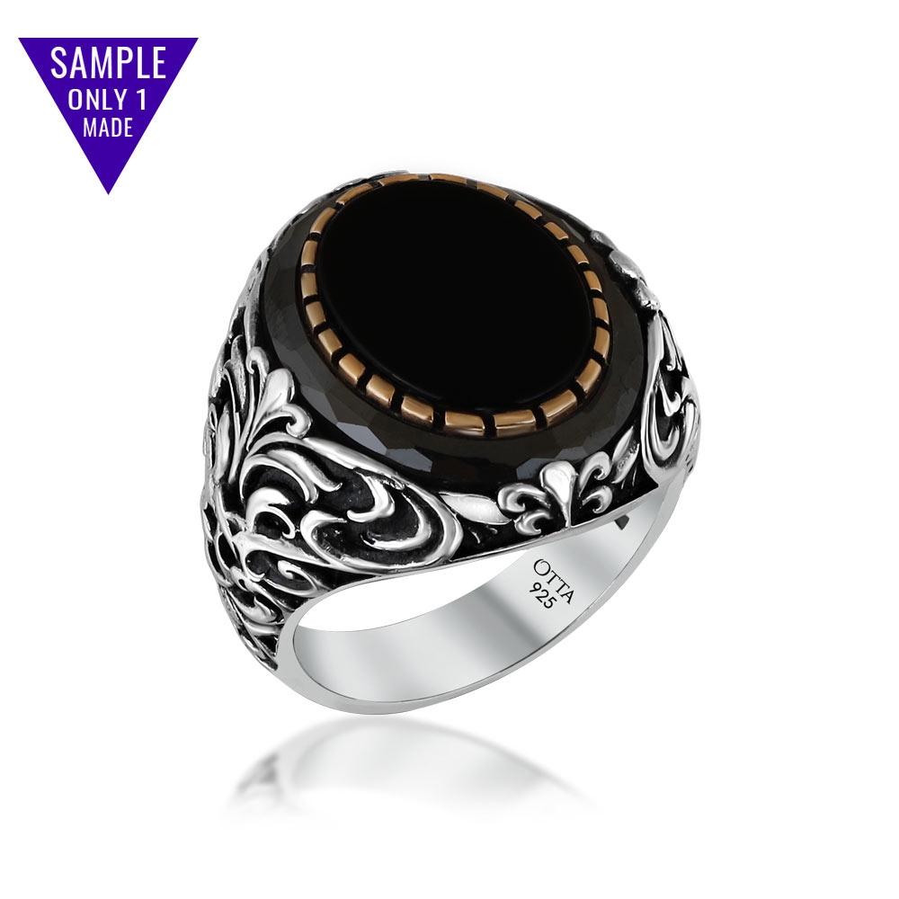 Onyx Stone Silver Engraved Ring