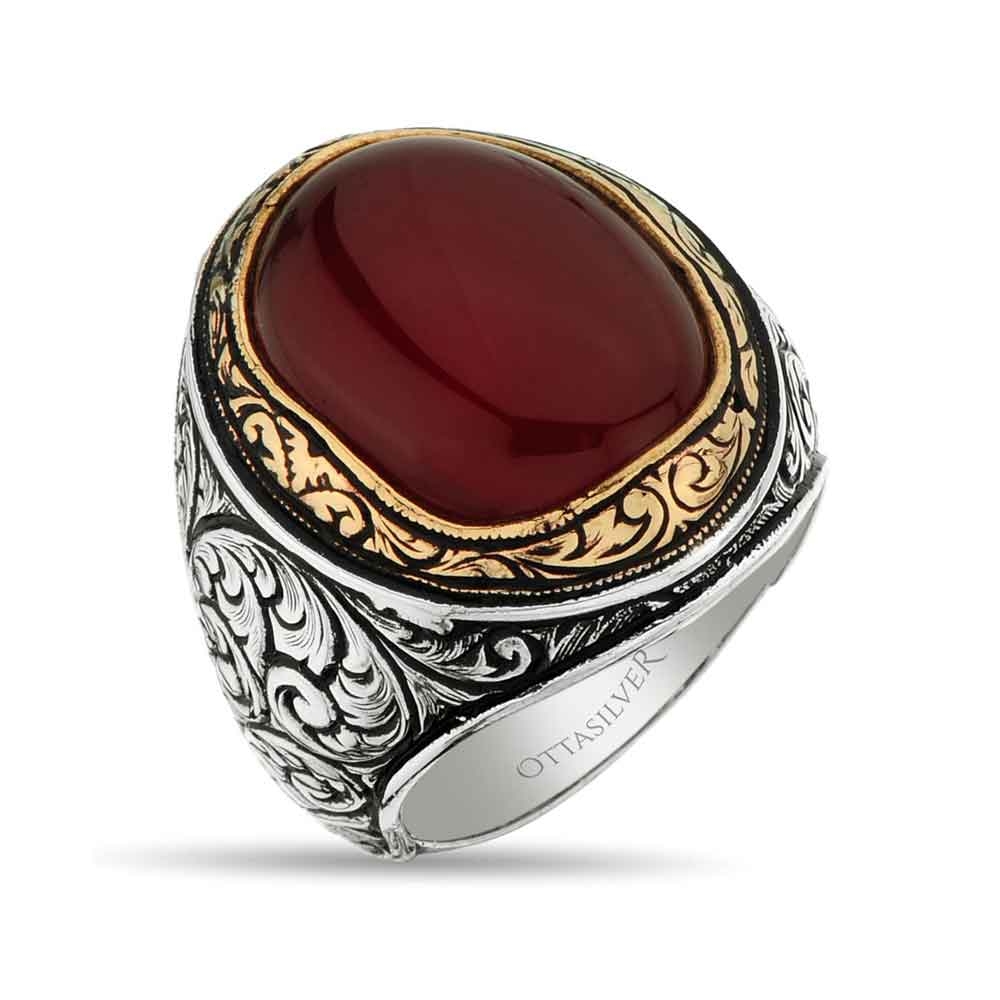 Red Agate Silver Men Ring