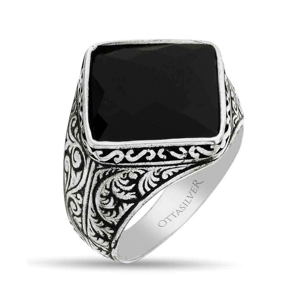 Square Silver Men Ring with Black Onyx Stone