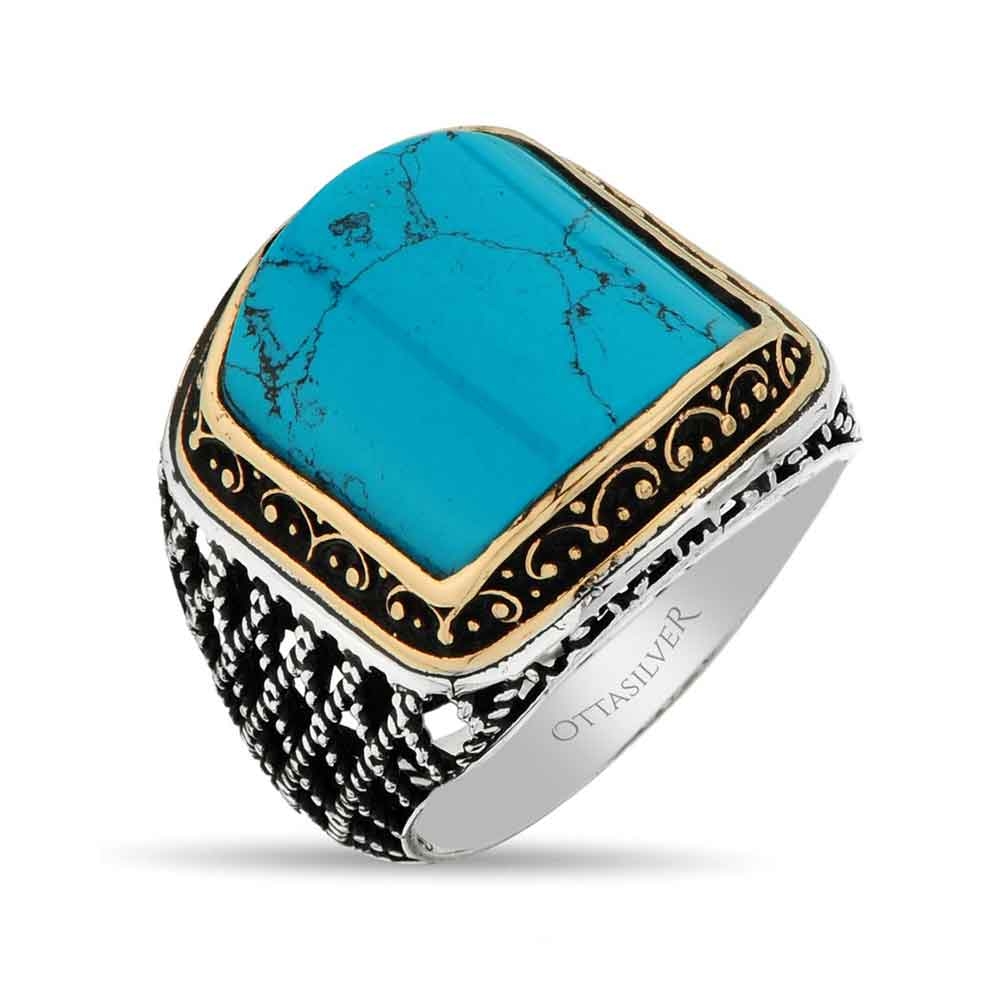 Turquoise Stone Silver Mens Ring