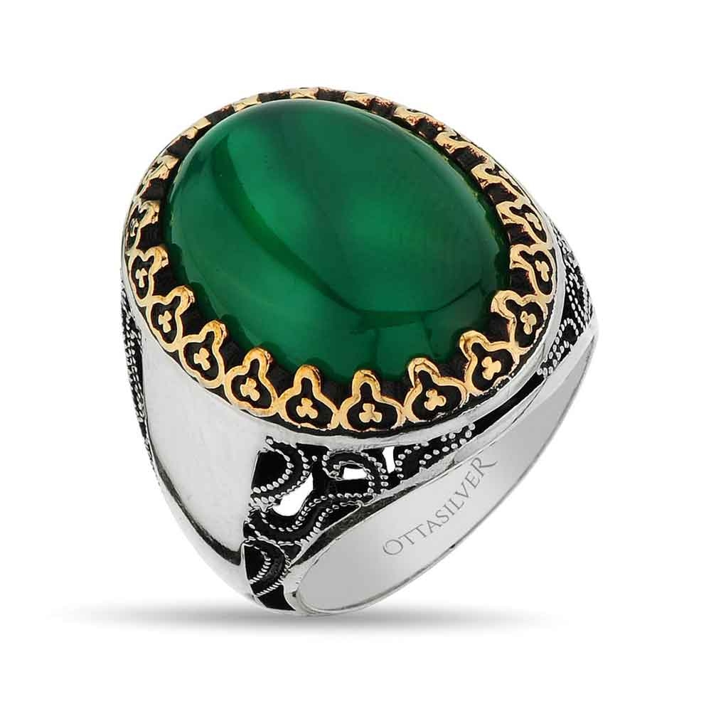 Green Agate Stone Men Ring in Silver