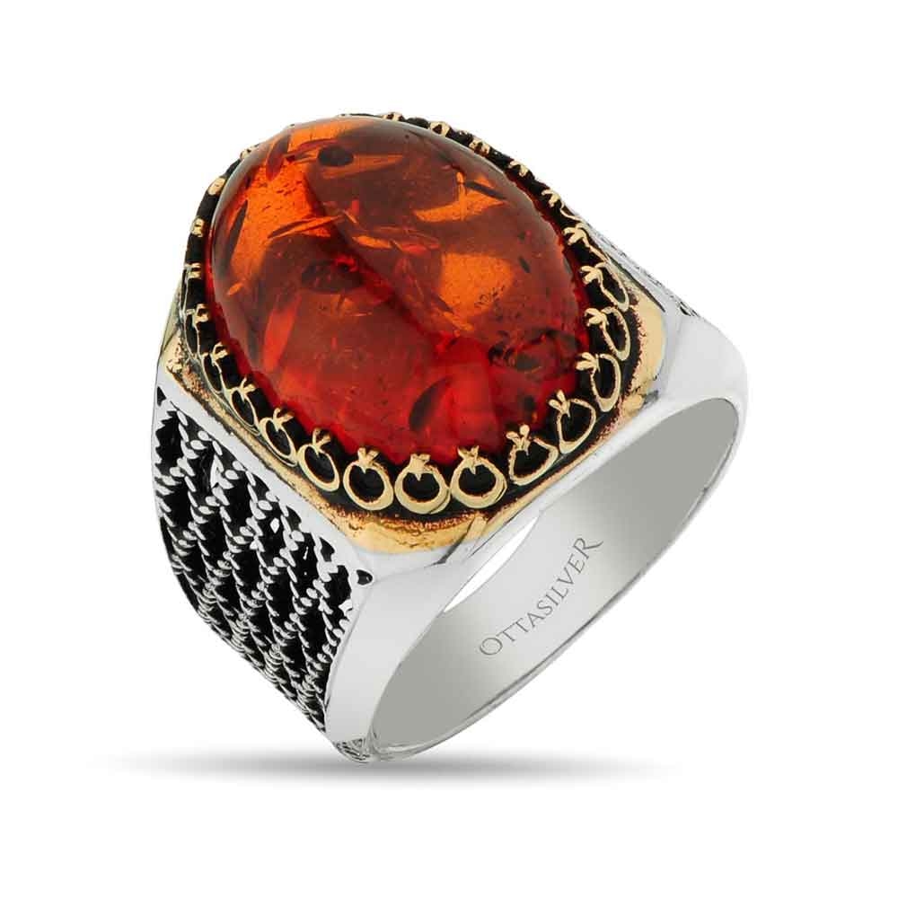 Amber Stone Silver  Mens Ring