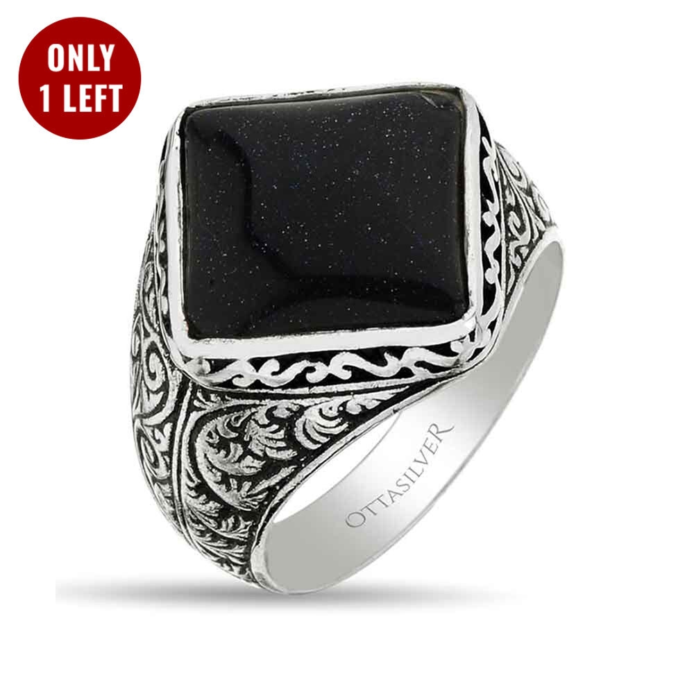 Men Silver Ring with Black Star Stone