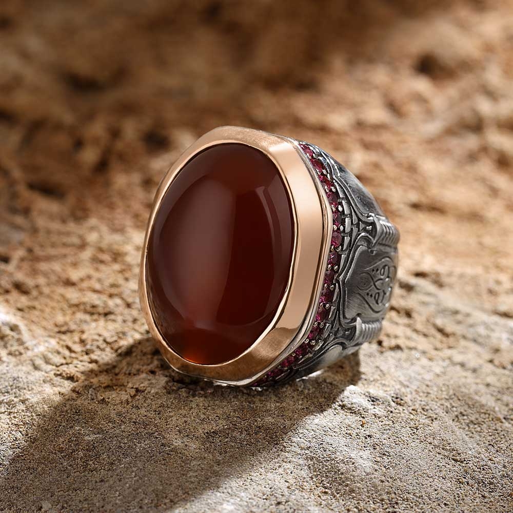 Red Aqeeq Silver Ring