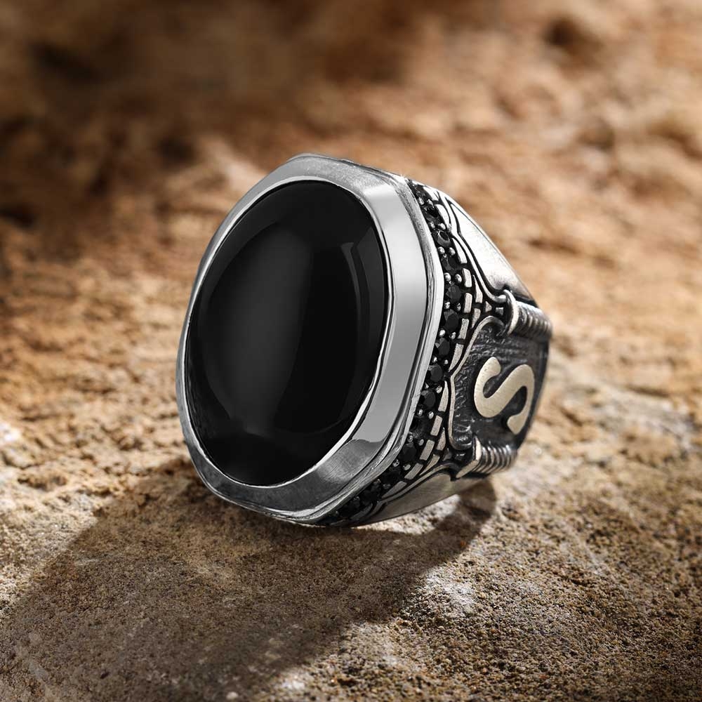 Silver Men's Ring with Black Zircon Stone