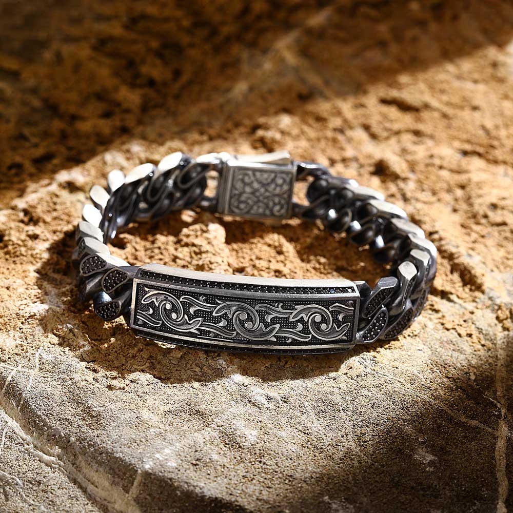 Hand-Engraved Silver Bracelet with Zircon Stone