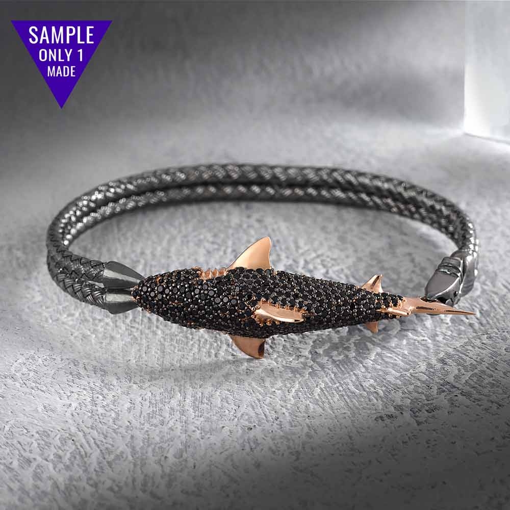 Black Zircon Shark Design in Silver Rope Bangle Bracelet with Gold Detail