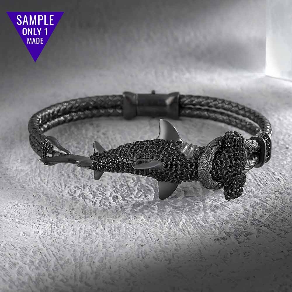 Black Zircon Hammerhead Shark Design in Silver Rope Bangle Bracelet