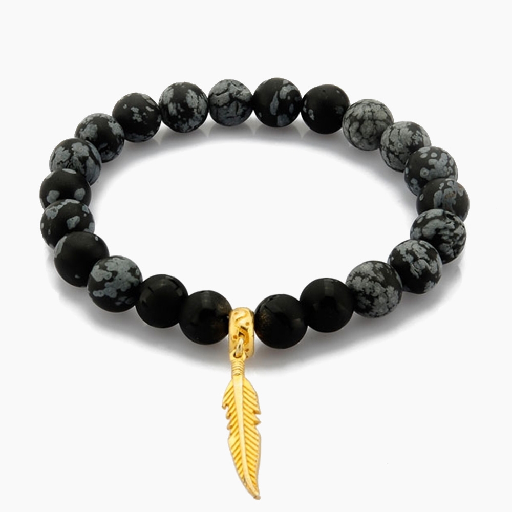 Silver Leaf Bracelet with Obsidian and Black Onyx Beads