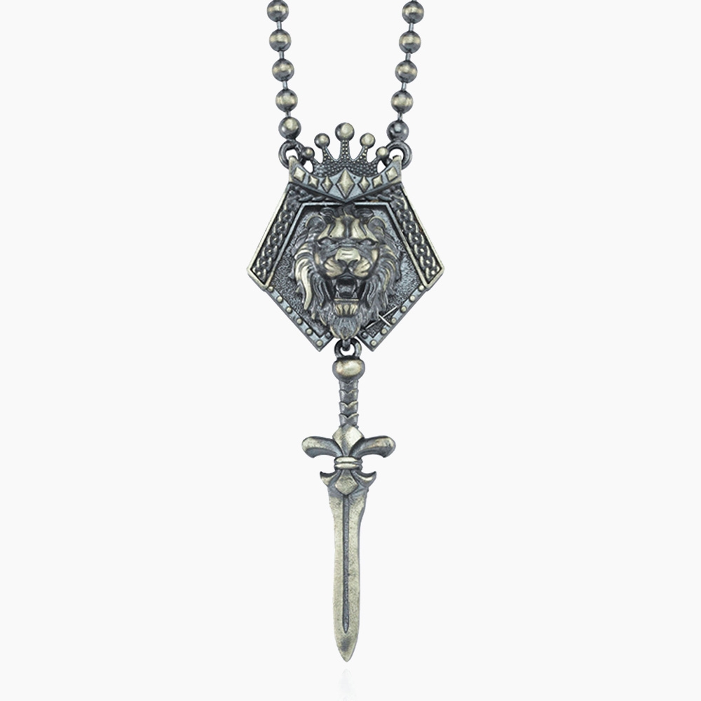King Lion Design Silver Necklace with Sword