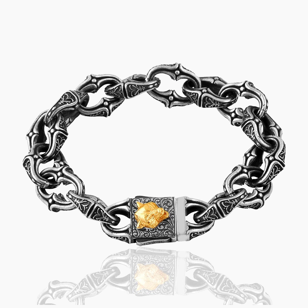 Silver & Gold-Plated Wolf Head Bracelet -15mm