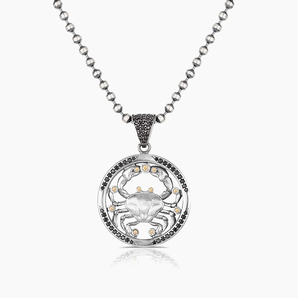 Men Silver Zodiac Pendant Necklace - 925k Silver Unique Cancer Zodiac Sign Design Zircon Gemstones Handmade Charm Pendant Bracelet - Gift for Men