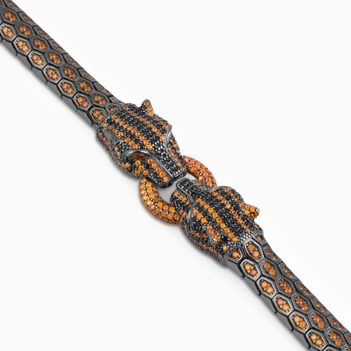 Panther Head Design Silver Bracelet with Orange CZ Diamonds
