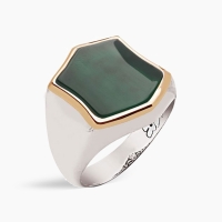 Hexagonal Green Aqeeq Stone Handmade Silver Ring 
