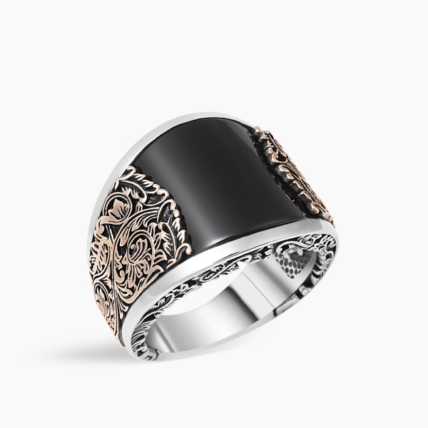 Curved Silver Men Ring with Black Onyx