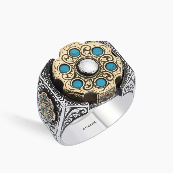 925 Silver Ring With Turquoise Stone And Special Engravin