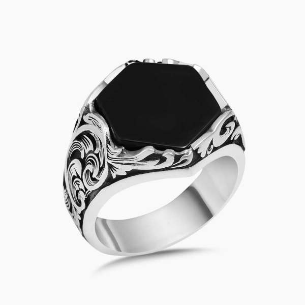 Hand Engraved Black Onyx Ring