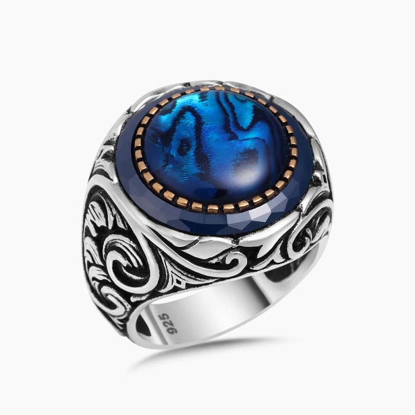 Blue Mother of Pearl Engraved Ring
