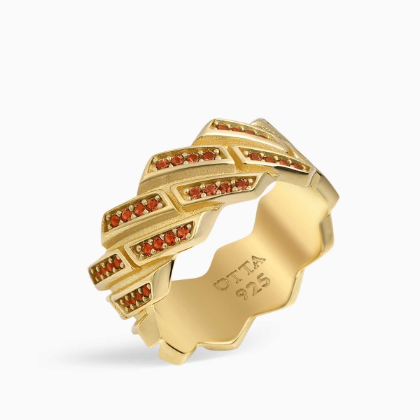 18K Gold Band Ring Red Zircon - 10 mm