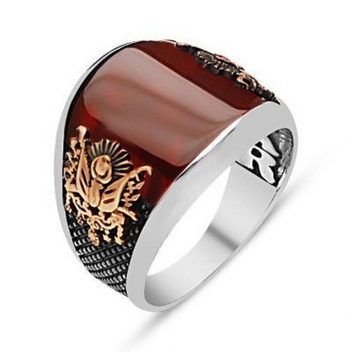 Curved Red Agate Stone Sterling Silver Mens Ring