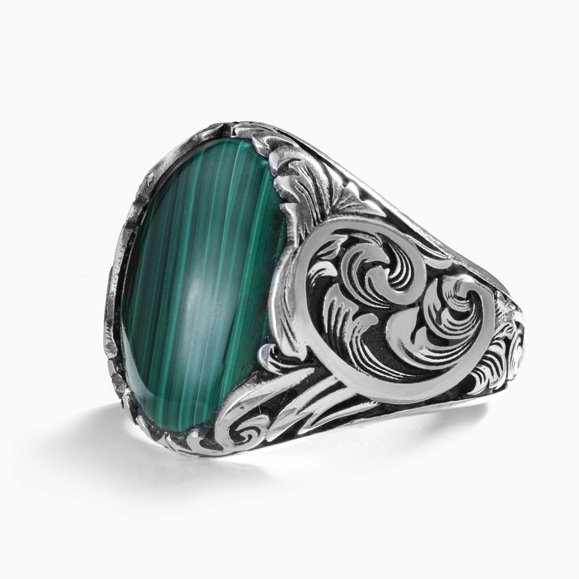Malachite Wave Silver Signet Ring