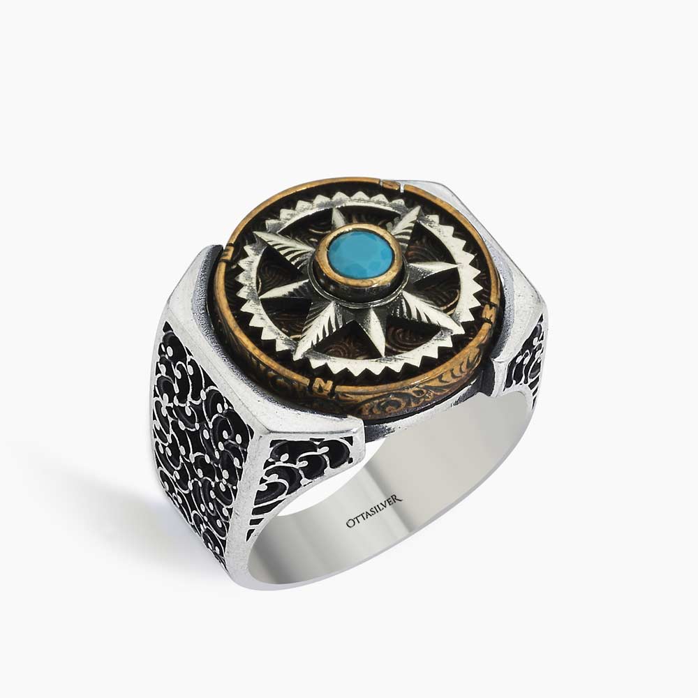Compass Rings Design Element Turquoise Zircon Stone Compass Design Silver ring