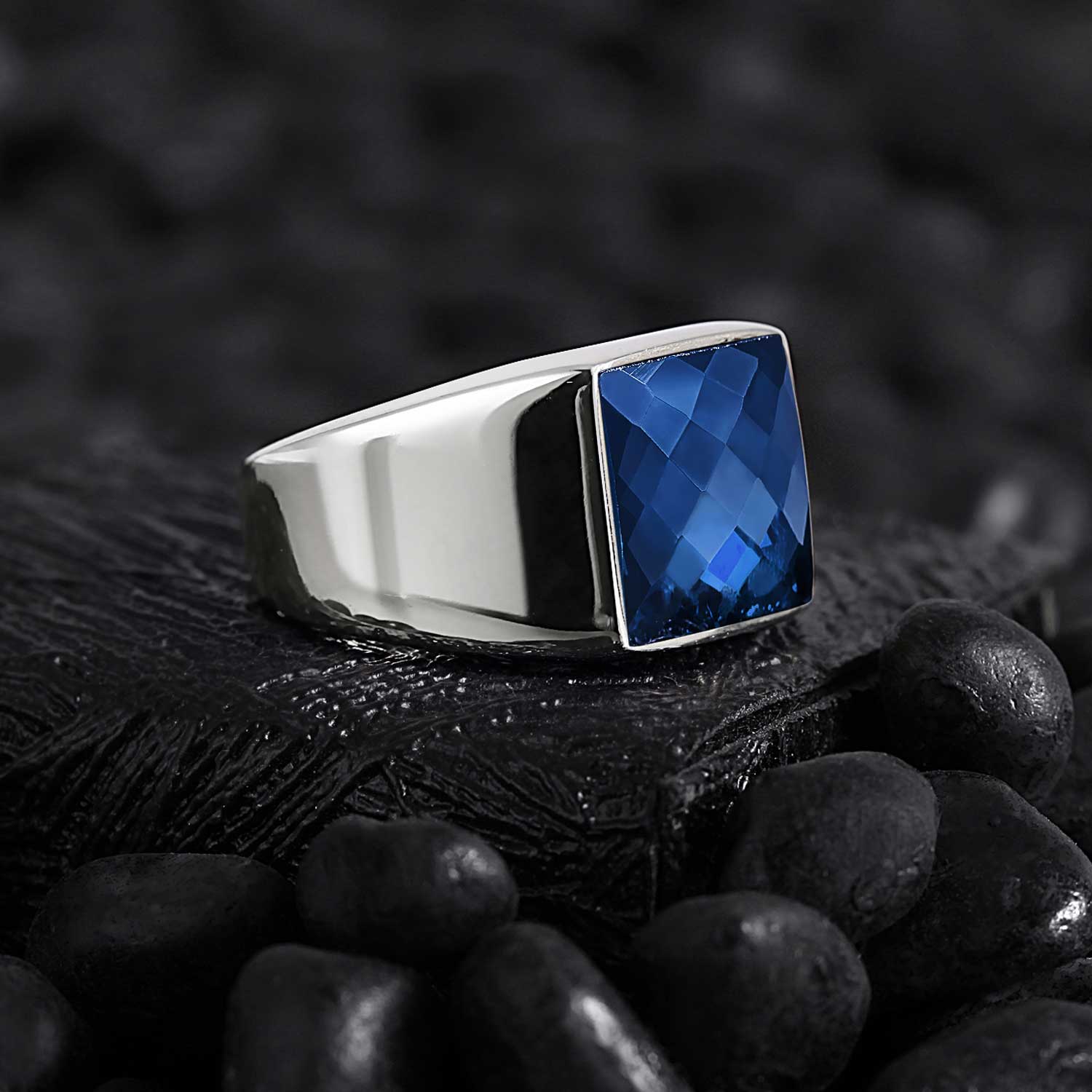 Minimal Square Silver Ring with Zircon Blue