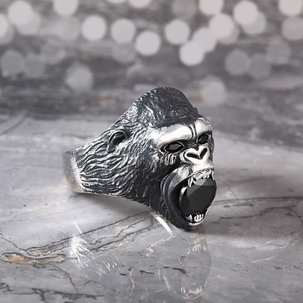 Black CZ Gorilla Head Ring