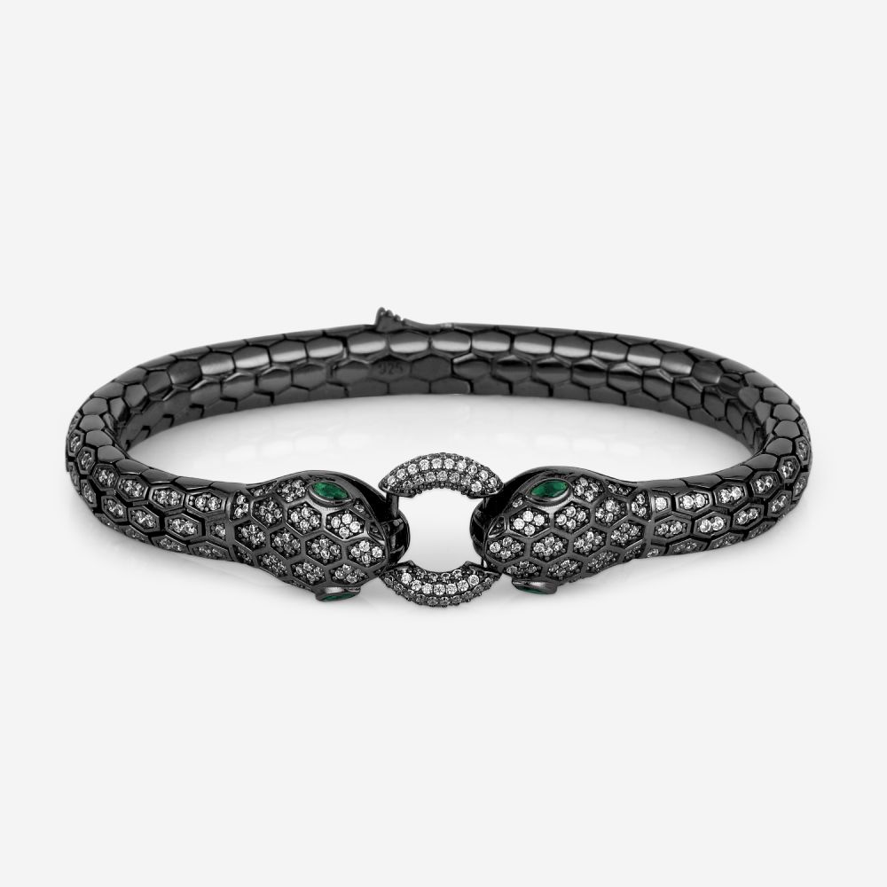 Black Python Head Design Bracelet in Silver