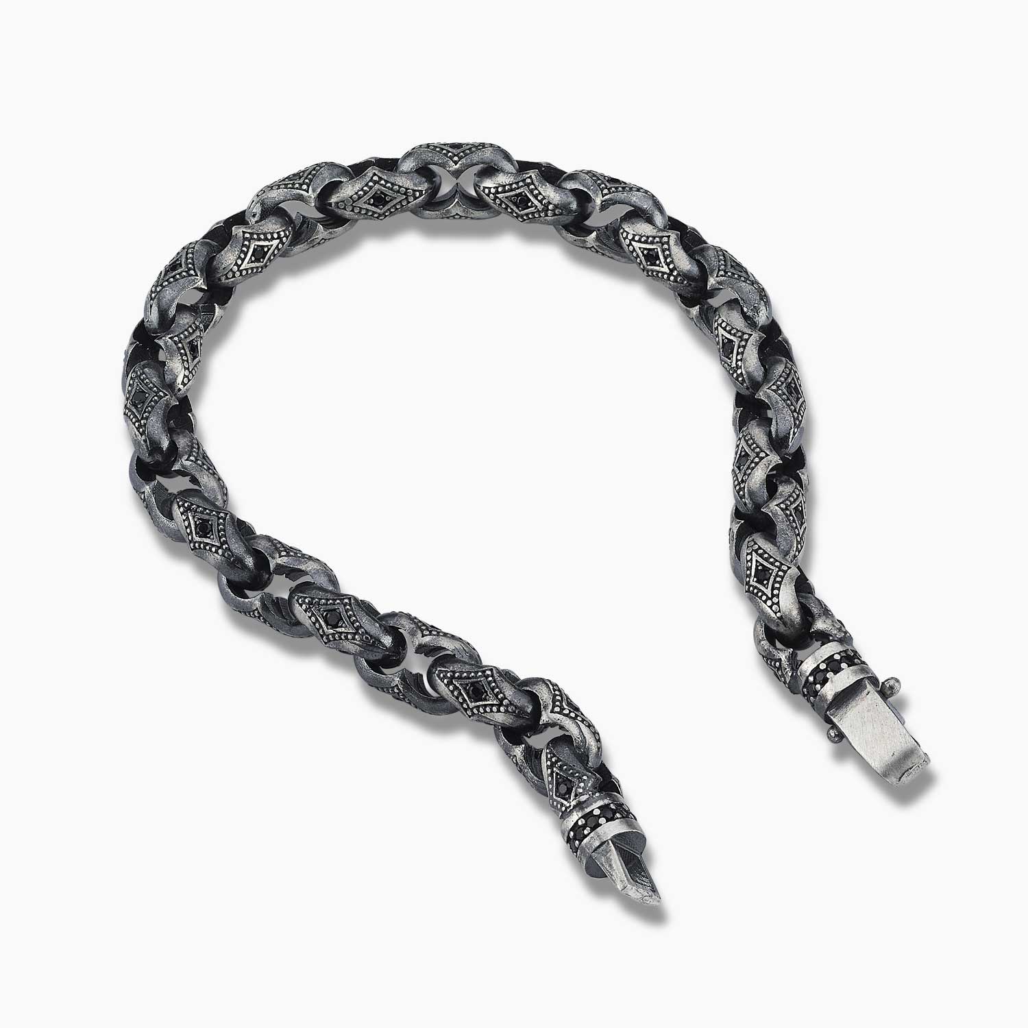 Men's Engraved Silver Chain Bracelet - Black Cubic Zirconia