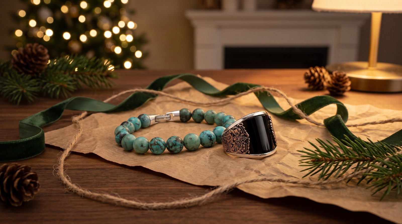 Turquoise beaded bracelet and black onyx silver ring as holiday jewelry gifts for men