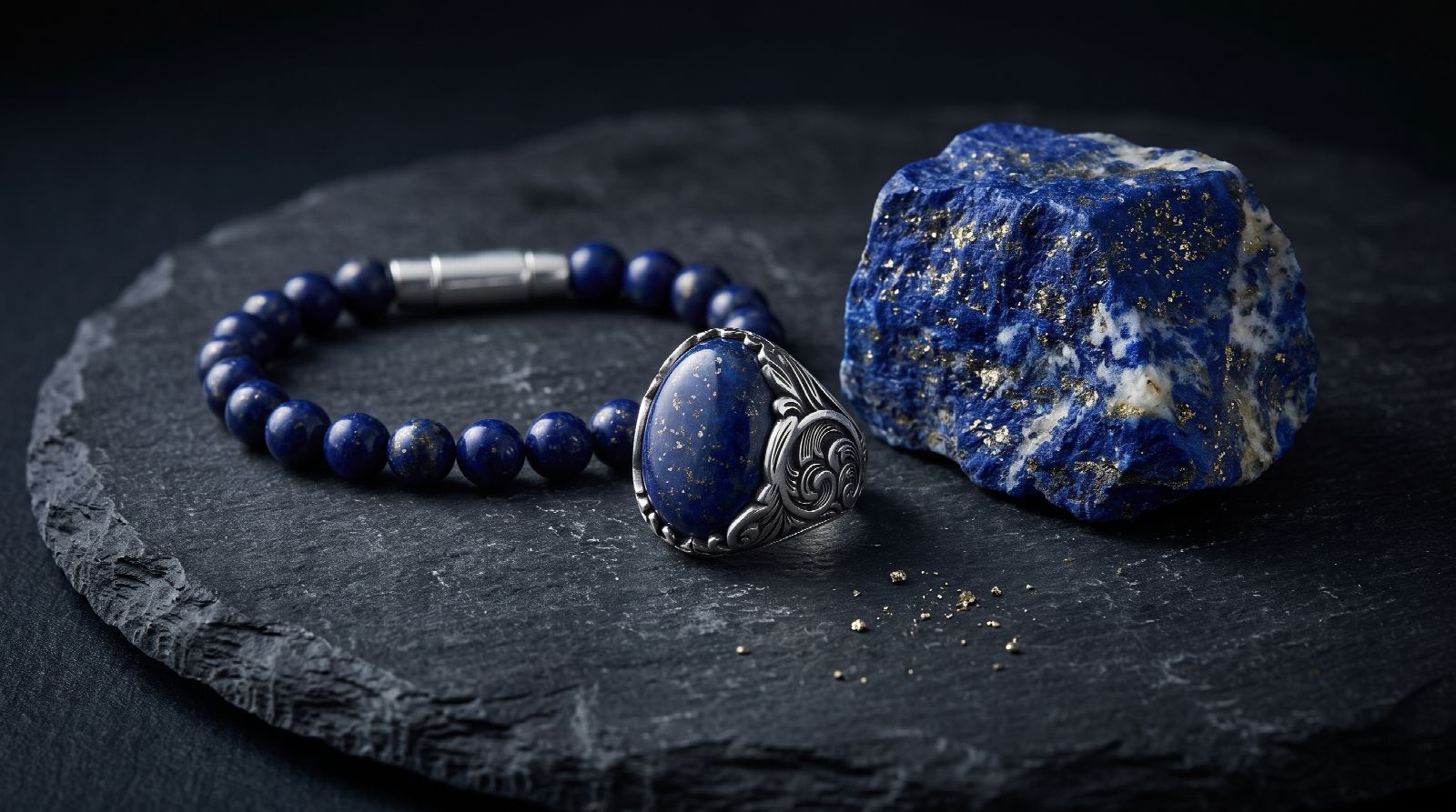 Engraved silver lapis lazuli ring and lapis bead bracelet next to raw lapis lazuli with pyrite