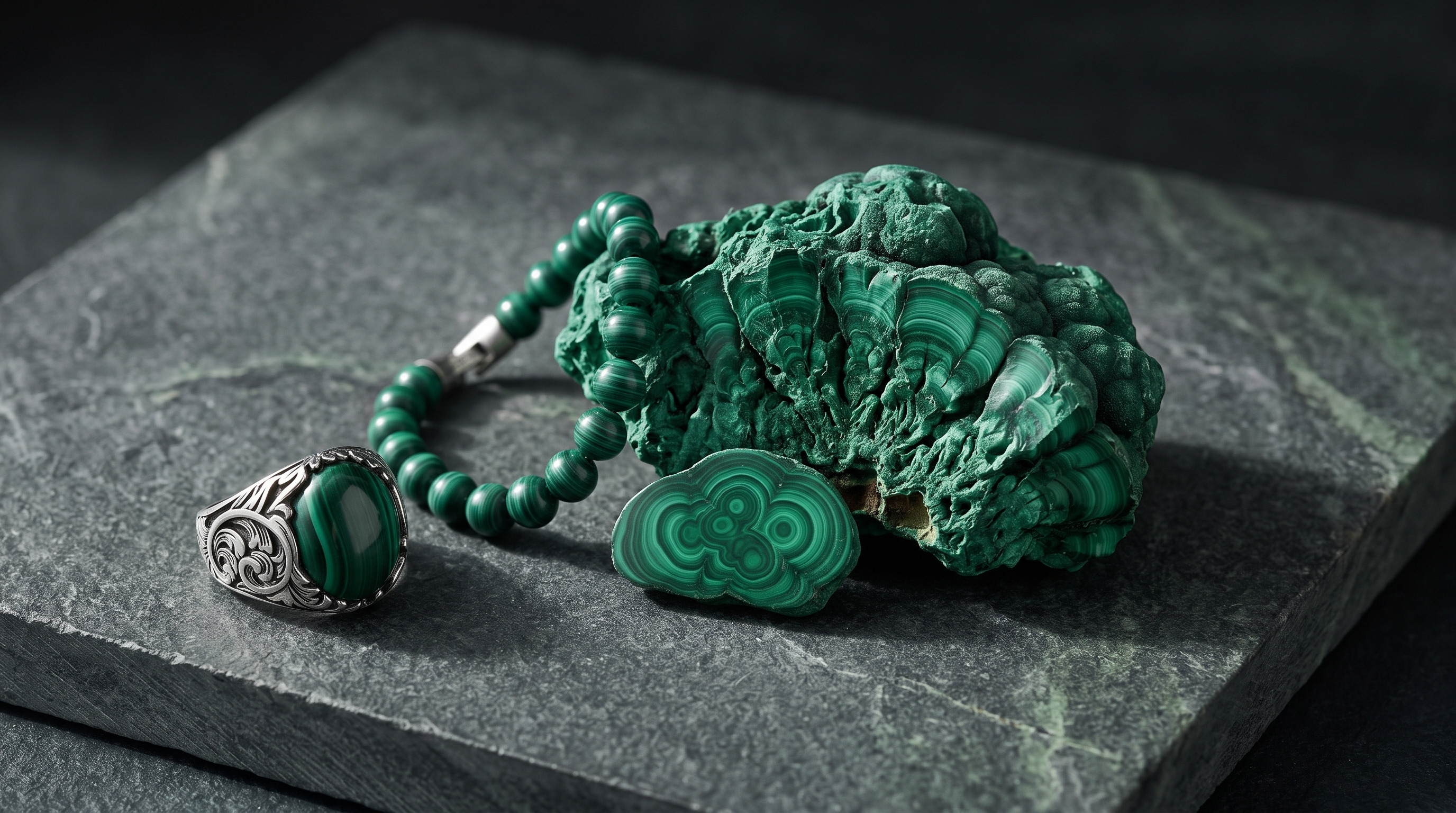 Engraved silver malachite ring and malachite bead bracelet beside raw banded malachite and a polished malachite slice on slate