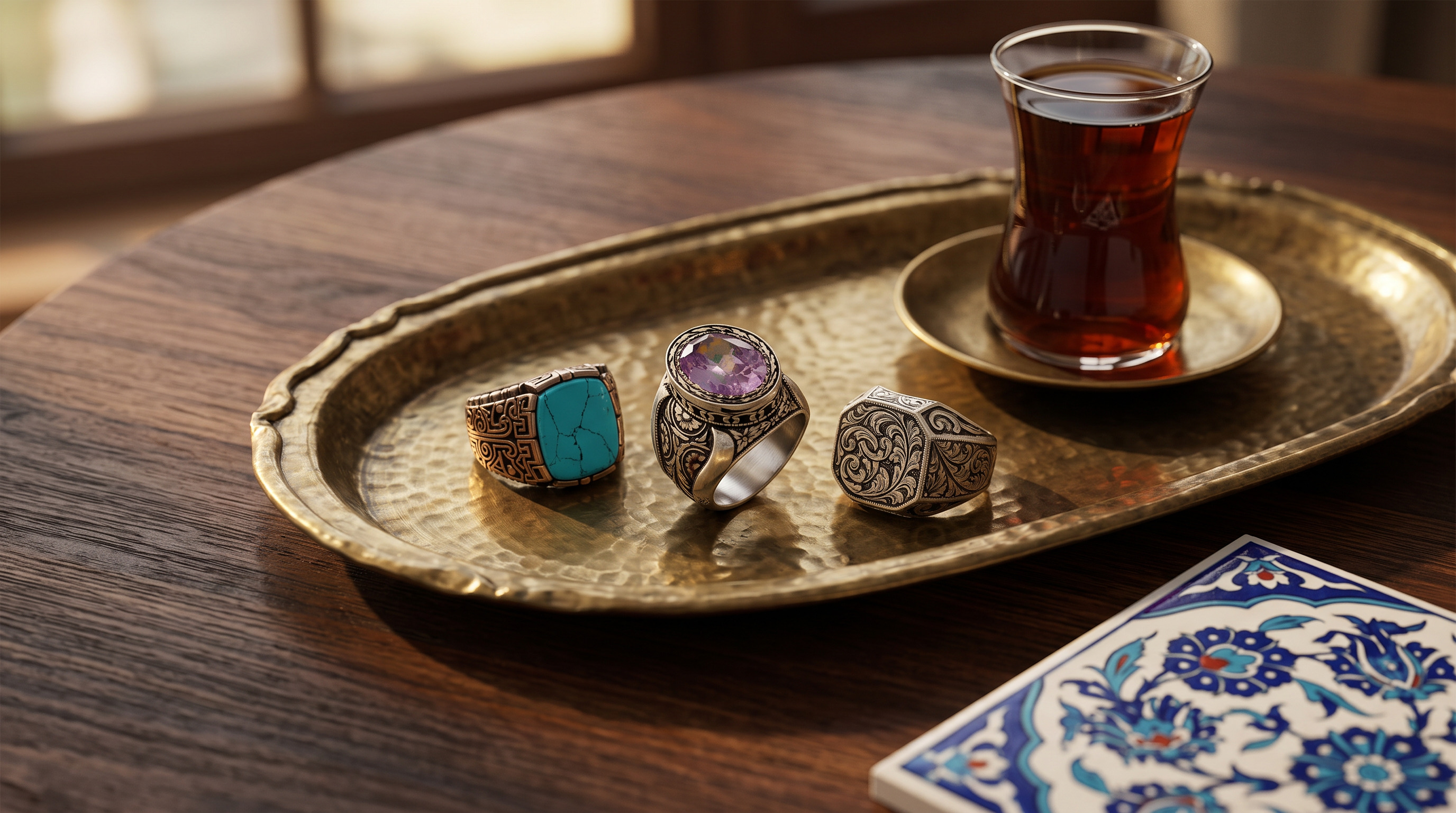 Three hand-engraved Turkish-style silver rings with turquoise and amethyst on a brass tray beside a Turkish tea glass and an Iznik tile