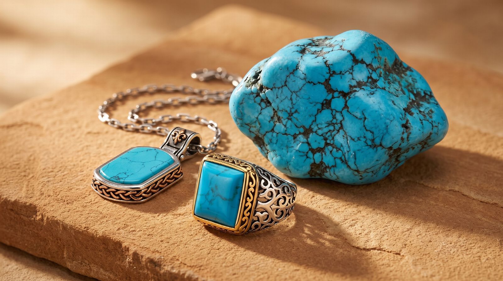 Engraved silver turquoise ring and turquoise pendant next to a raw turquoise nugget