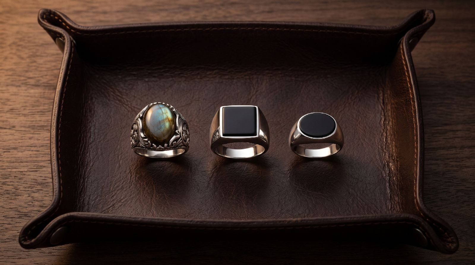Three men's silver rings on a leather tray: an engraved labradorite ring, a square onyx signet and a slim onyx pinky ring