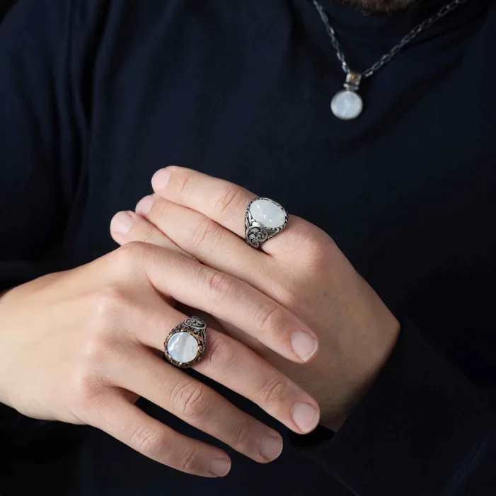 Mother of Pearl Stone Engraved Silver Ring