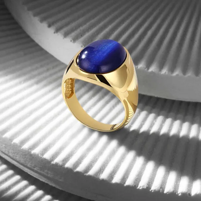 14K Solid Gold Classic Ring with Blue Tiger Eye