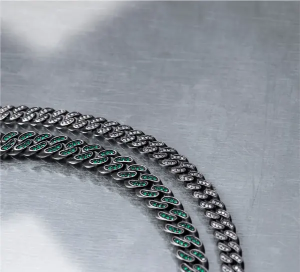 Oxidized sterling silver Cuban chains set with green and white stones