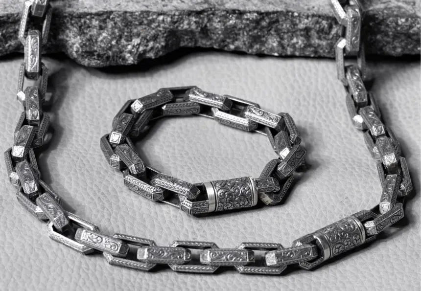 Hand-engraved sterling silver chain necklace and matching bracelet gift bundle